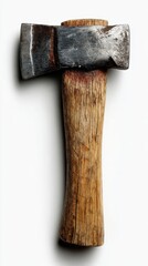 Close up view of a well worn axe with a wooden handle against a stark white backdrop. The axe head shows signs of significant use.