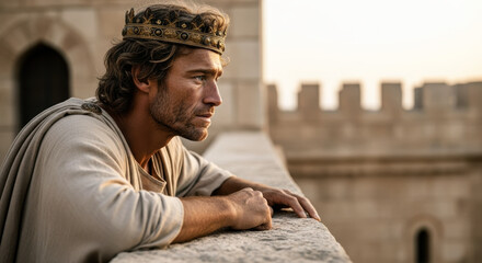 King David on his palace rooftop. A cinematic biblical scene of temptation, desire, and a fateful moment of contemplation.