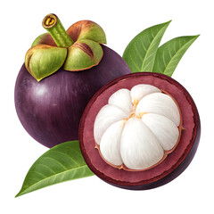 Fresh mangosteen fruit whole and halved with leaves isolated on transparent background