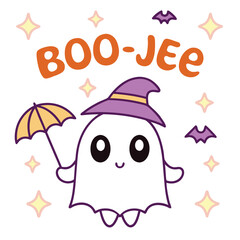 Adorable boojee ghost with witch hat and umbrella isolated on white background, great for halloween themed designs and spooky season decorations