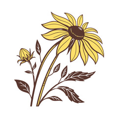 Stylized Yellow Flower Illustration – Bloom and Bud with Brown Leaves and Stems