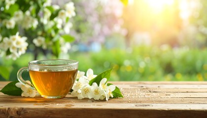 Cup of tea beside jasmine flowers on a wooden table outdoors