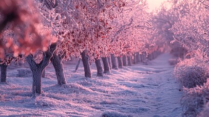 Enchanting Winter Orchard with Frost-Kissed Trees and Soft Morning Light.
