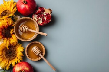 Autumn harvest composition with sunflowers apples pomegranates and honey