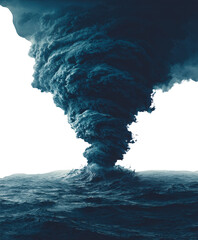 Massive dark blue storm cloud vortex over turbulent ocean waves isolated on transparent background