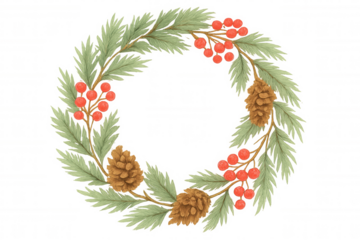 Festive holiday wreath creating a circular frame with evergreen pine branches, red holly berries, and rustic pinecones