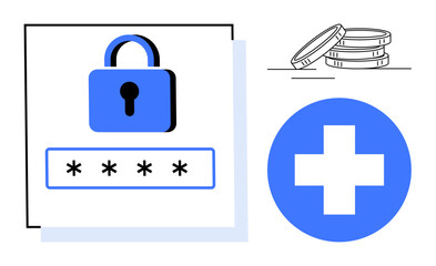 Obraz premium Blue lock above a password field, medical cross symbol, and stack of coins convey security, finance, healthcare, privacy, online protection, financial transactions, simple flat metaphor