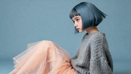 A pensive girl with a blue bob haircut sits in a knit sweater and a pink tulle skirt. A concept of modern youth, fashion, and individuality.