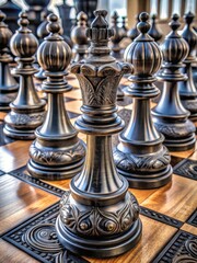 Large black chess pieces set on a large plastic chessboard with intricate designs and patterns