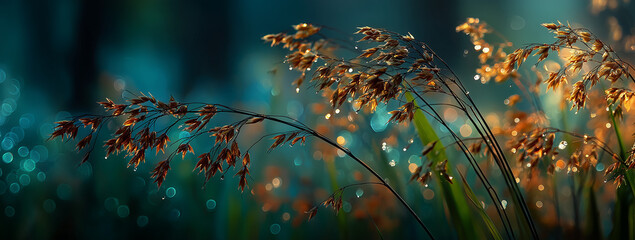 Abstract Autumn Sunlight Grass Macro Background, High-Resolution Nature Environment Design with Copy Space
