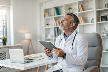 Mature male doctor with a digital tablet in his office