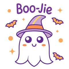 Adorable boojie ghost wearing a witch hat isolated on white background, ideal for halloweenthemed projects and spooky season festivities
