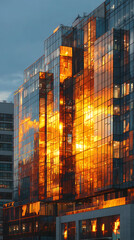 Modern glass building facade reflecting golden sunset light