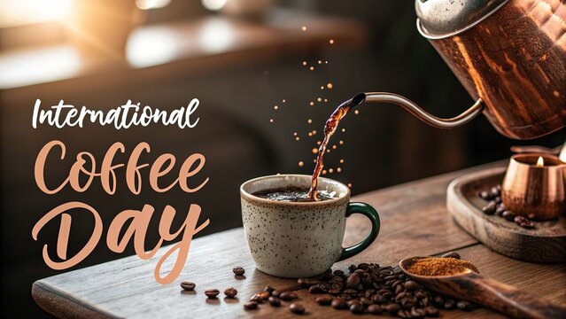 Hot coffee poured fresh, beans and mug for celebration morning.