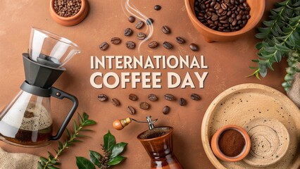 Cozy earthy tones, terracotta bowls, fresh ground for International Coffee Day.