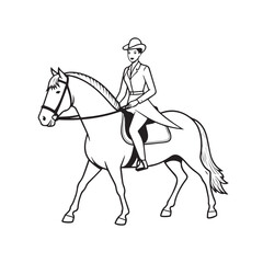 Black and white line art of a beautiful woman with perfect body riding horse elegant minimalist illustration