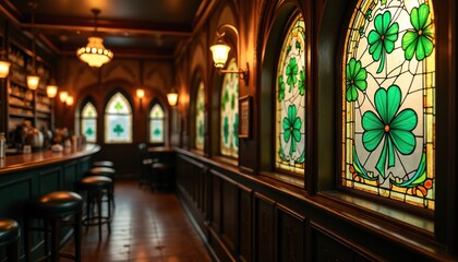 Fototapeta premium Interior of Irish pub with stained glass shamrock windows, bar area with stools, warm ambient lighting from lamps. Traditional pub atmosphere, rich wood paneling, gothic arch window frames creating