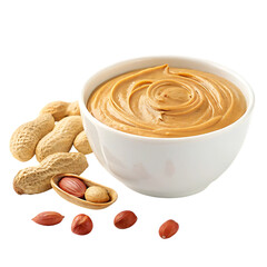 Creamy peanut butter in a white bowl with peanuts isolated on transparent background