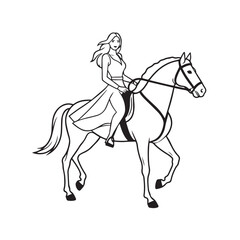 Black and white line art of a beautiful woman with perfect body riding horse elegant minimalist illustration