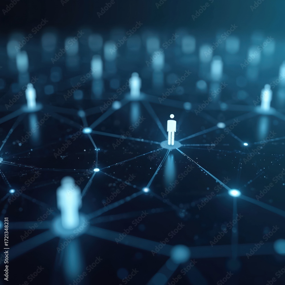 Poster digital network visualization with interconnected user icons linked by glowing blue lines on dark ba