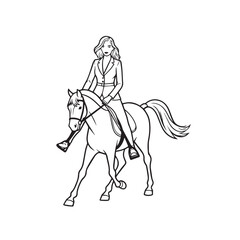 Black and white line art of a beautiful woman with perfect body riding horse elegant minimalist illustration