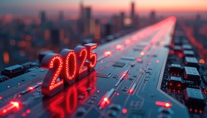 Futuristic 3D timeline marker shows year 2025 on sleek silver circuit board with neon cityscape background. Red glowing numbers advance progress, innovation, and high technology concepts.