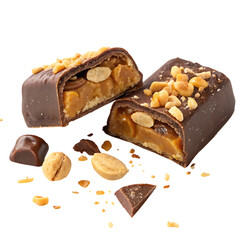 Chocolate candy bar with caramel peanuts and nougat isolated on transparent background