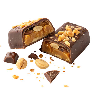 Chocolate candy bar with caramel peanuts and nougat isolated on transparent background