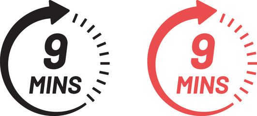 9 mins, minutes, time, duration, clock, timer, countdown, schedule, deadline, delivery, service, icon, symbol, black, red, circular, arrow, progress, waiting, speed, fast, quick, turnaround, business,