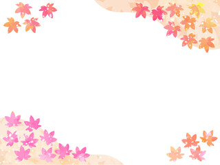 モミジの紅葉イメージの背景素材。水彩風テクスチャー。かわいい色調の葉っぱのシルエット。対角に山と葉っぱのシルエットのコンビネーション。和風のあしらい。フレーム。