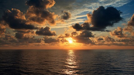 Serene ocean sunset with golden rays reflecting on calm waters, dramatic clouds in dark blue sky casting long shadows over still sea.