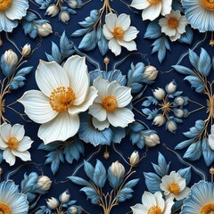 Seamless arabesque pattern features delicate white, blue flowers with gold accents on deep navy background. Intricate floral design evokes vintage manuscript illumination, perfect for luxurious