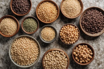 Superfoods on gray background with copy space. Nuts, beans, greens and seeds. Healthy vegetarian food.