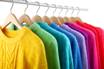 Colorful sweaters hanging on rail isolated on white background