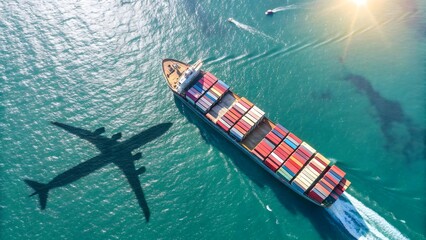 Fototapeta premium Aerial view of a cargo ship with colorful containers at sea, airplane shadow on turquoise ocean waters, symbolizing global trade, shipping, and international transportation routes