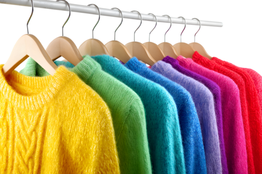 Colorful sweaters hanging on rail isolated on white background - Powered by Adobe
