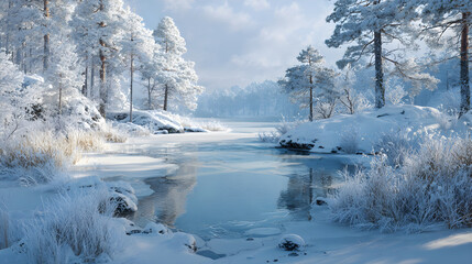 Discover the Tranquil Beauy of a Frozen Winter Lake:An Enchanting Winter Wondeland Amidst Snow-Covered Tees and Stunning Natural Tanquility