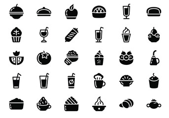 Collection of 30 food and drink icons, including fruits, desserts, beverages, and meals, isolated on a