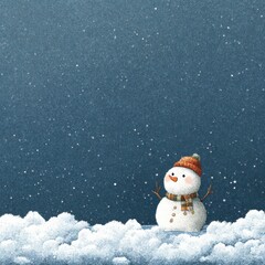 Snowman smiles under a starry night sky during a serene winter evening in a snowy landscape
