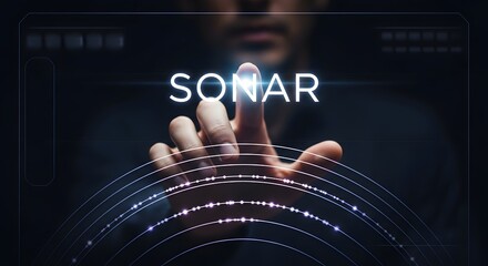 A person interacts with a digital interface displaying the word SONAR, surrounded by glowing graphic elements.