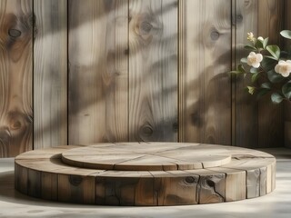 Wooden stage with flowers for product display offers a rustic, natural aesthetic perfect for showcasing your brand's unique style and charm