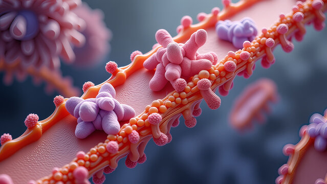 A realistic and highly detailed microscopic image of serotonin receptors, specifically G protein-coupled receptors (GPCRs) of the 5-HT2B family. 