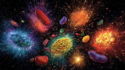 Fototapeta premium Vibrant Explosion of Colorful Beans and Life Energy Particles Against a Cosmic Night Sky