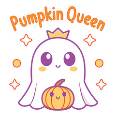 Cute ghost with pumpkin isolated on white background for halloween party as pumpkin queen, spooky and funny illustration for kids, vector design