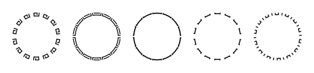 Five unique geometric circle frames for creative design projects and modern decorative elements.