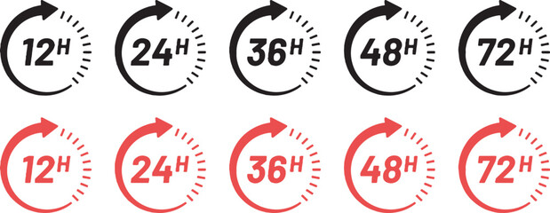 12h, 24h, 36h, 48h, 72h, hours, time, duration, clock, timer, countdown, schedule, deadline, delivery, service, icon, symbol, set, collection, black, red, circular, arrow, progress, waiting, speed, fa