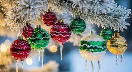 Closeup of frosted christmas tree branch with colorful ornaments and icicles, creating a festive and magical holiday atmosphere in winter season