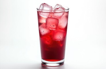 Tall glass filled with icy red liquid and ice cubes. Clear transparent drink with condensation on glass. Refreshing cold beverage for summer thirst quench. Fruity, tart, sweet flavor, crisp and cool.