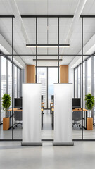 Office interior with glass walls and two blank display banners mockup 