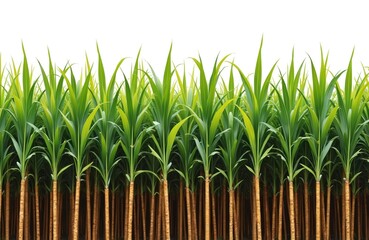 Fototapeta premium Row of isolated sugarcane stalks stand tall against stark white backdrop. Vibrant green leaves, brown stems create natural, agricultural scene. Panoramic view emphasizes plant growth, farming, raw
